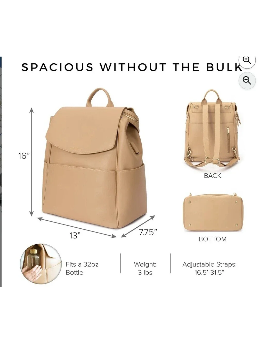MIA + SOPHIA Tan Microfiber Leather Diaper Backpack w/ USB, Insulated Pockets
